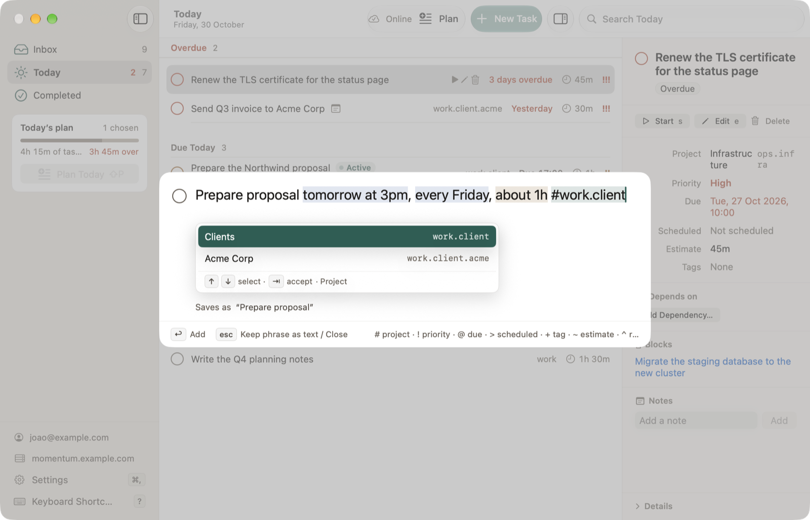 The Momentum Mac app: the Today view with overdue and due tasks, an inspector, and the Quick Add sheet recognizing a date, a repeat, an estimate and a project.
